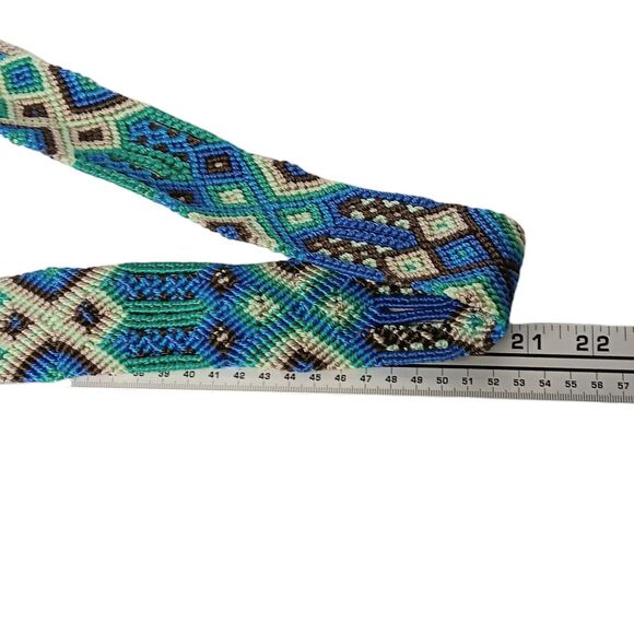 Leather Tooled Crossbody Purse Dark Brown With Turquoise & Green Crochet Strap - Picture 15 of 16